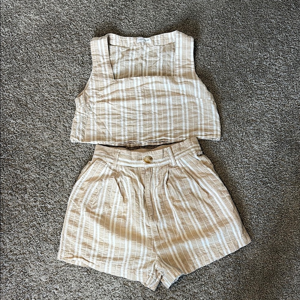 Vestique Tan and White Striped Set